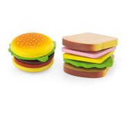 Lekemat av tre hamburger og sandwich