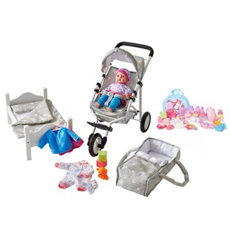 Dukke, seng, vogn og tilbehør