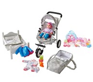 Dukke, seng, vogn og tilbehør